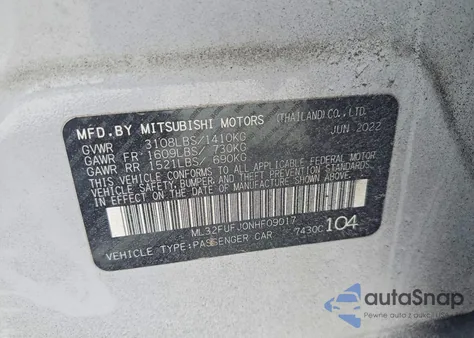 2022 Mitsubishi Mirage G4 Es z USA, uszkodzony, nr VIN ML32FUFJ0NHF09017